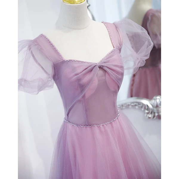 Elegant Lilac Beading Prom Dresses 2021 A-Line / Princess Square Neckline Puffy Short Sleeve Backless Floor-Length / Long Formal Dresses