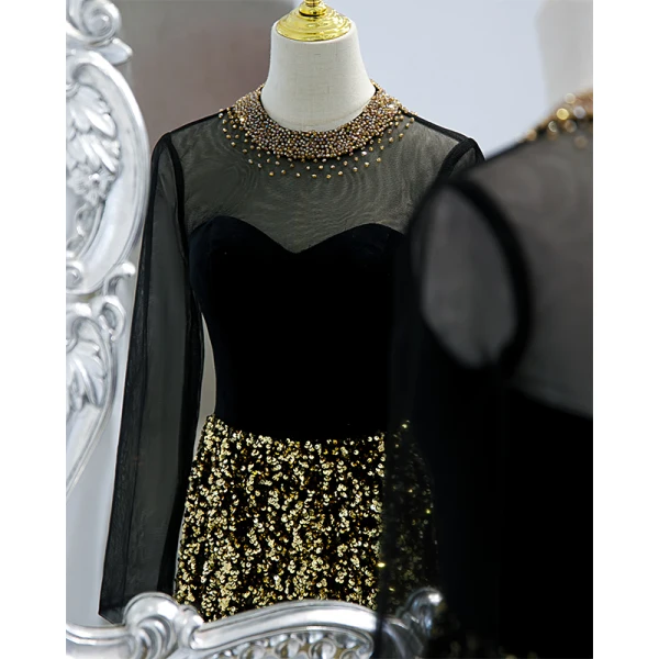 Charming Black Gold Beading Rhinestone Sequins Evening Dresses 2021 A-Line / Princess Scoop Neck Long Sleeve Floor-Length / Long Formal Dresses