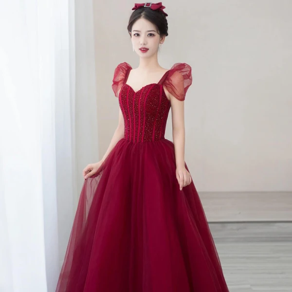 Elegant Burgundy Beading Rhinestone Prom Dresses 2021 A-Line / Princess Square Neckline Short Sleeve Backless Prom Floor-Length / Long Formal Dresses