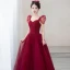 Elegant Burgundy Beading Rhinestone Prom Dresses 2021 A-Line / Princess Square Neckline Short Sleeve Backless Prom Floor-Length / Long Formal Dresses