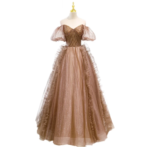 Fashion Brown Beading Sequins Rhinestone Backless Pierced Prom Dresses 2021 A-Line / Princess Off-The-Shoulder Puffy Short Sleeve Floor-Length / Long Formal Dresses