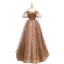 Fashion Brown Beading Sequins Rhinestone Backless Pierced Prom Dresses 2021 A-Line / Princess Off-The-Shoulder Puffy Short Sleeve Floor-Length / Long Formal Dresses