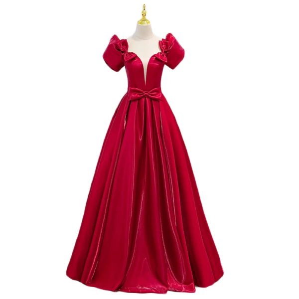 Elegant Burgundy Bow Satin Prom Dresses 2021 A-Line / Princess Square Neckline Short Sleeve Floor-Length / Long Formal Dresses