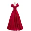 Elegant Burgundy Bow Satin Prom Dresses 2021 A-Line / Princess Square Neckline Short Sleeve Floor-Length / Long Formal Dresses