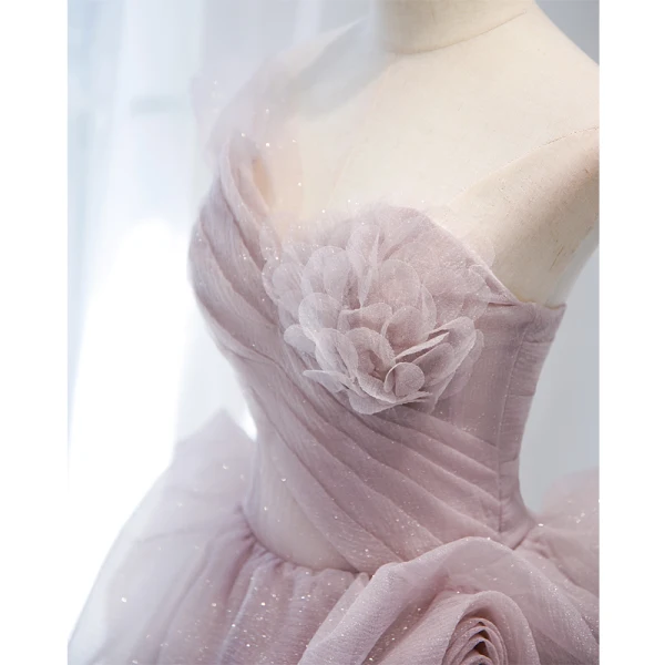 Charming Fashion Dusky Pink Cascading Ruffles Prom Dresses 2021 A-Line / Princess Strapless Sleeveless Backless Floor-Length / Long Prom Formal Dresses