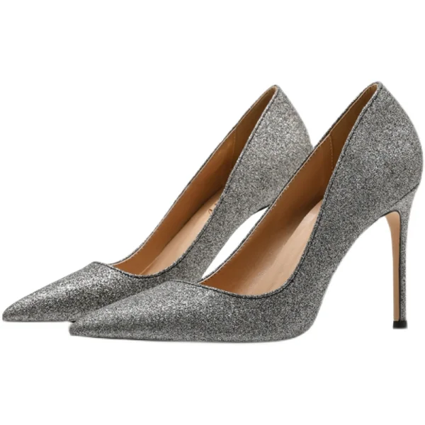 Sparkly Silver Evening Party Sequins Pumps 2021 Leather 10 cm Stiletto Heels Pointed Toe Pumps High Heels