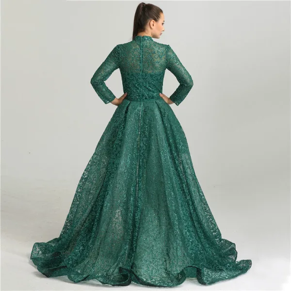 Haut de Gamme Noire Robe De Soirée 2021 Trompette / Sirène Col Haut Fait main Perlage Paillettes Ceinture Manches Longues Longue Soirée Robe De Ceremonie