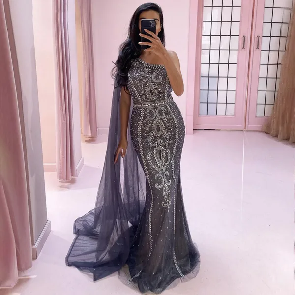 High-end Grey Beading Rhinestone Evening Dresses 2021 Trumpet / Mermaid One-Shoulder Sleeveless Backless Floor-Length / Long Evening Party Formal Dresses