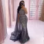 High-end Grey Beading Rhinestone Evening Dresses 2021 Trumpet / Mermaid One-Shoulder Sleeveless Backless Floor-Length / Long Evening Party Formal Dresses