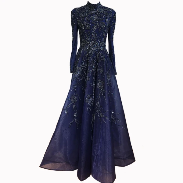 High-end Navy Blue Handmade  Beading Rhinestone Evening Dresses 2021 A-Line / Princess High Neck Long Sleeve Floor-Length / Long Evening Party Formal Dresses