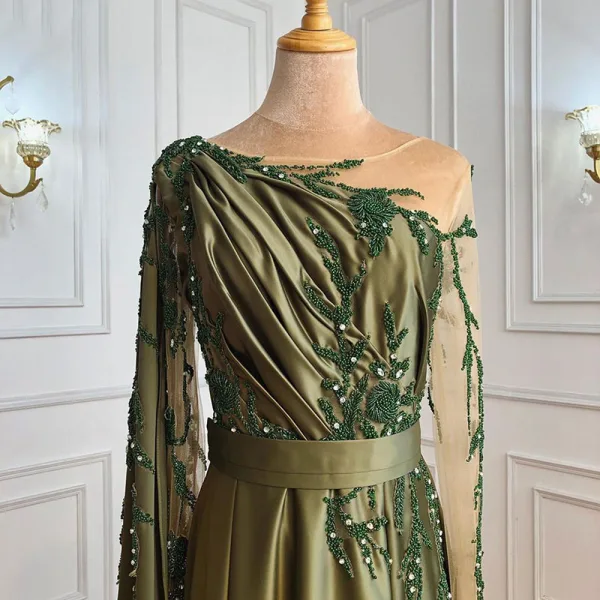 Modern Fashion Olive Green Evening Dresses 2021 A-Line Princess Scoop Neck Beading Long
