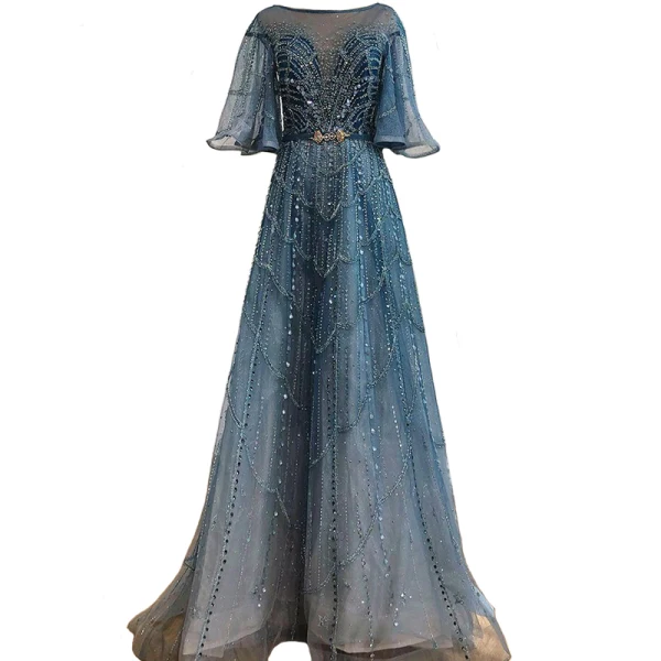 Charmant High End Meeresblau Abendkleider 2021 A Linie Rundhalsausschnitt Perlenstickerei Strass Pailletten 1/2 Ärmel Rückenfreies Stoffgürtel Lange Festliche Kleider