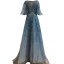 Charmant High End Meeresblau Abendkleider 2021 A Linie Rundhalsausschnitt Perlenstickerei Strass Pailletten 1/2 Ärmel Rückenfreies Stoffgürtel Lange Festliche Kleider