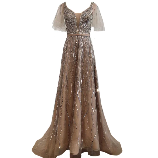 Sparkly High-end Beading Sequins Gold Evening Dresses 2021 A-Line / Princess Square Neckline Sash Short Sleeve Backless Floor-Length / Long Formal Dresses