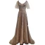Sparkly High-end Beading Sequins Gold Evening Dresses 2021 A-Line / Princess Square Neckline Sash Short Sleeve Backless Floor-Length / Long Formal Dresses