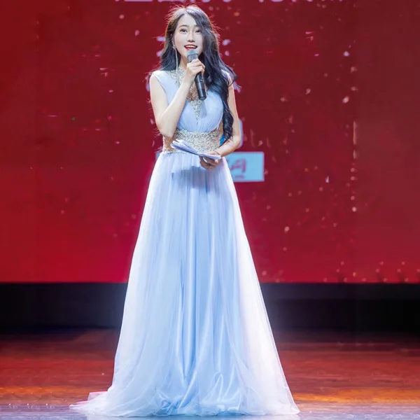 Fashion Sky Blue Beading Rhinestone Sequins Evening Dresses 2021 A-Line / Princess High Neck Sleeveless Floor-Length / Long Formal Dresses