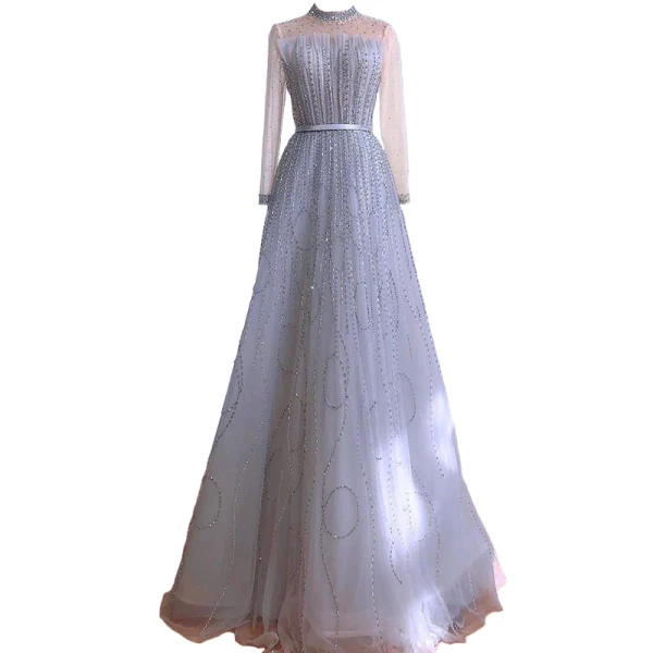 High-end Grey Beading Rhinestone Sequins Evening Dresses  2021 A-Line / Princess High Neck Long Sleeve Sash Floor-Length / Long Formal Dresses