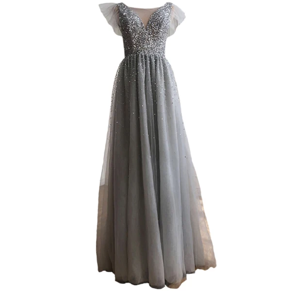 High-end Grey Sequins Evening Dresses 2021 A-Line / Princess Scoop Neck Sleeveless Backless Floor-Length / Long Formal Dresses