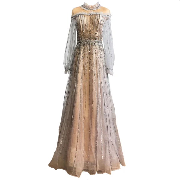 High-end Fashion Silver Evening Dresses 2021 A-Line Princess Scoop Neck Beading Ruffle