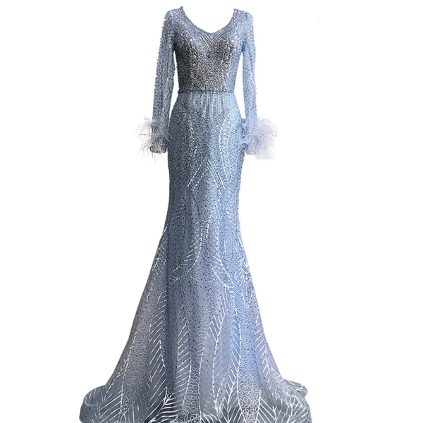 High-end Charming Sky Blue Evening Dresses 2021 Trumpet / Mermaid V-Neck Beading Rhinestone Long Sleeve Tassel Evening Party Floor-Length / Long Formal Dresses