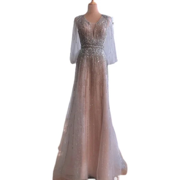 High-end Nude Selskabskjoler 2021 Prinsesse V-Hals Beading Rhinestone Pailletter Langærmet Halterneck Lange Selskabs Kjoler