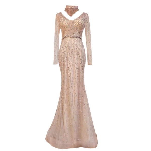 Haut de Gamme Doré Perlage Faux Diamant Paillettes Robe De Soirée 2021 Trompette / Sirène V-Cou Manches Longues Dos Nu Longue Soirée Robe De Ceremonie