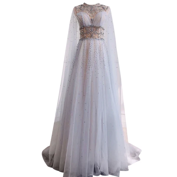 Luxury / Gorgeous High-end Grey Beading Sequins Rhinestone Evening Dresses 2021 A-Line / Princess Scoop Neck Short Sleeve Evening Party Sweep Train Formal Dresses