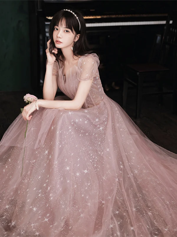 Charming Dusky Pink Prom Dresses 2021 A-Line / Princess V-Neck Glitter Star Beading Sequins Puffy Short Sleeve Backless Floor-Length / Long Formal Dresses