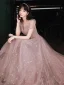 Charming Dusky Pink Prom Dresses 2021 A-Line / Princess V-Neck Glitter Star Beading Sequins Puffy Short Sleeve Backless Floor-Length / Long Formal Dresses