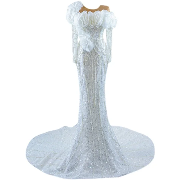 Luxury / Gorgeous White Ruffle Wedding Dresses 2021 Trumpet / Mermaid Scoop Neck Beading Pearl Sequins Long Sleeve Backless Floor-Length / Long Wedding