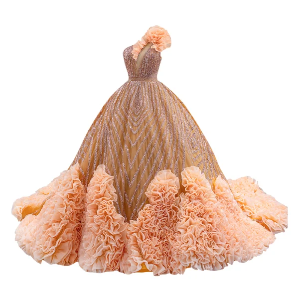 Luxury / Gorgeous Orange Beading Rhinestone Sequins Ruffle Wedding Dresses 2021 Ball Gown One-Shoulder Sleeveless Backless Floor-Length / Long Wedding