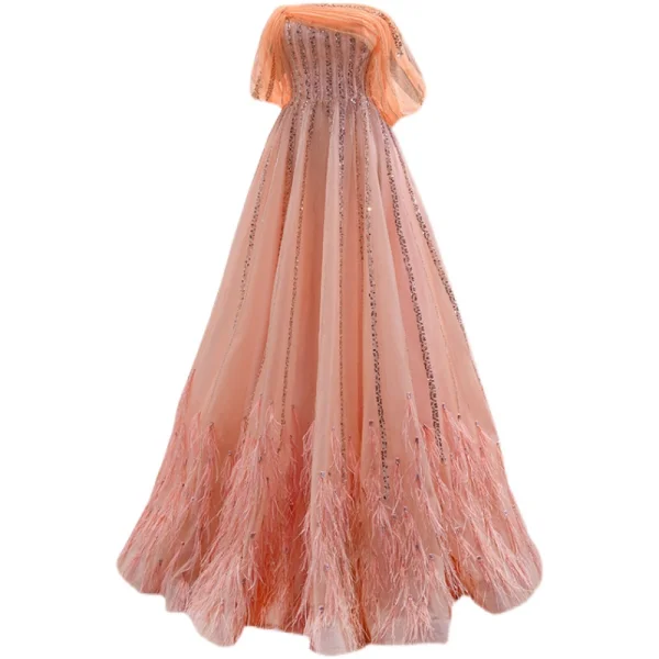 High-end Pearl Pink Beading Rhinestone Sequins Prom Dresses 2021 A-Line / Princess Off-The-Shoulder Short Sleeve Backless Prom Floor-Length / Long Formal Dresses