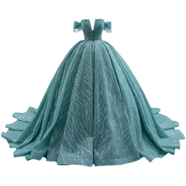 Charmant Vert Citron Perlage Gland Faux Diamant Paillettes Robe De Bal 2021 Robe Boule De l'épaule Manches Courtes Dos Nu Chapel Train Robe De Ceremonie