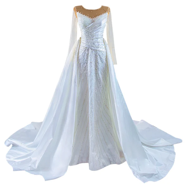 High-end White Beading Pearl Wedding Dresses 2021 Trumpet / Mermaid Scoop Neck Long Sleeve Backless Royal Train Wedding