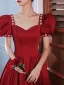 Elegant Burgunder Beading Perle Ballkjoler 2021 Prinsesse Satin Firkantet Hals Puffy Korte Ermer Ryggløse Lange Formelle Kjoler