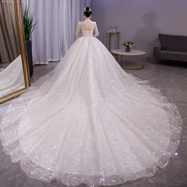 Luxury / Gorgeous Sparkly White Beading Pearl Rhinestone Sequins Wedding Dresses 2021 Ball Gown V-Neck Long Sleeve Backless Royal Train Wedding