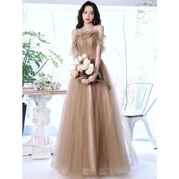 Charmant Kaki Perlage Glitter Robe De Bal 2021 Princesse Volants De l'épaule Manches Courtes Dos Nu Longue Robe De Ceremonie