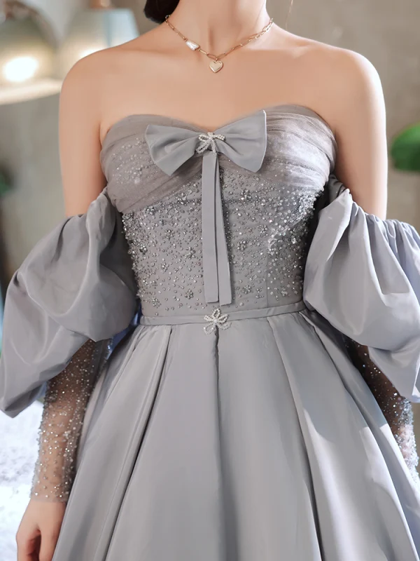 Elegant Sky Blue Satin Prom Dresses 2021 A-Line / Princess Strapless Beading Bow Short Sleeve Backless Floor-Length / Long Formal Dresses
