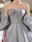 Elegant Sky Blue Satin Prom Dresses 2021 A-Line / Princess Strapless Beading Bow Short Sleeve Backless Floor-Length / Long Formal Dresses