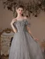 Elegant Grey Prom Dresses 2021 A-Line / Princess Ruffle Off-The-Shoulder Short Sleeve Backless Floor-Length / Long Formal Dresses