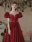 Eleganta Burgundy Satin Balklänningar 2021 Prinsessa Beading Pösigt Urringning Korta ärm Bal Långa Formella Klänningar