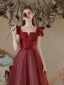 Elegant Burgundy Satin Spotted Prom Dresses 2021 A-Line / Princess Square Neckline Short Sleeve Backless Bow Floor-Length / Long Formal Dresses