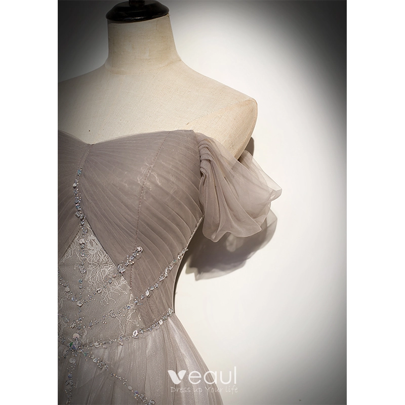 Elegant Grey Glitter Prom Dresses 2021 A-Line / Princess Off-The-Shoulder Beading Sequins Lace Flower Short Sleeve Backless Floor-Length / Long Formal Dresses Elegant Grey Glitter Prom Dresses 2021 A-Line / Princess Off-The-Shoulder Beading Sequins Lace Flower Short Sleeve Backless Floor-Length / Long Formal Dresses