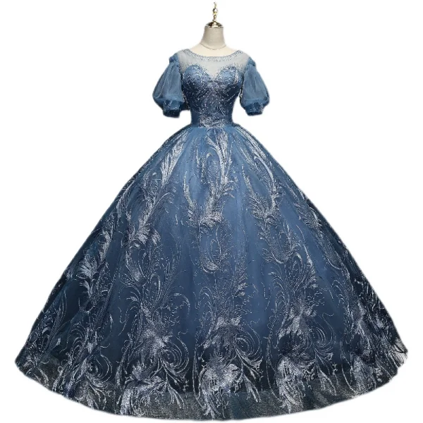 Chic / Belle Bleu Perlage En Dentelle Paillettes Robe De Bal 2021 Robe Boule Encolure Dégagée Manches Courtes Dos Nu Longue Robe De Ceremonie