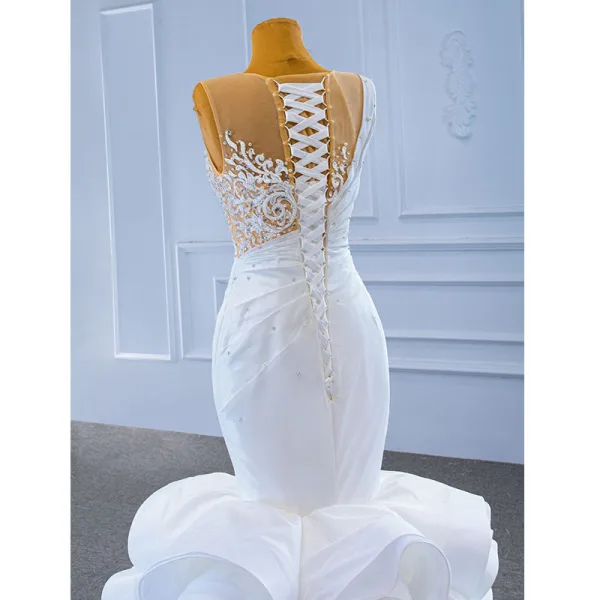 Luxury / Gorgeous White Cascading Ruffles Wedding Dresses 2021 Trumpet / Mermaid Scoop Neck Beading Sequins Rhinestone Lace Flower Sleeveless Backless Royal Train Wedding