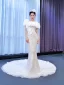 Luxury / Gorgeous Charming White Beading Pearl Sequins Wedding Dresses 2021 Trumpet / Mermaid Ruffle Scoop Neck Long Sleeve Backless Chapel Train Wedding