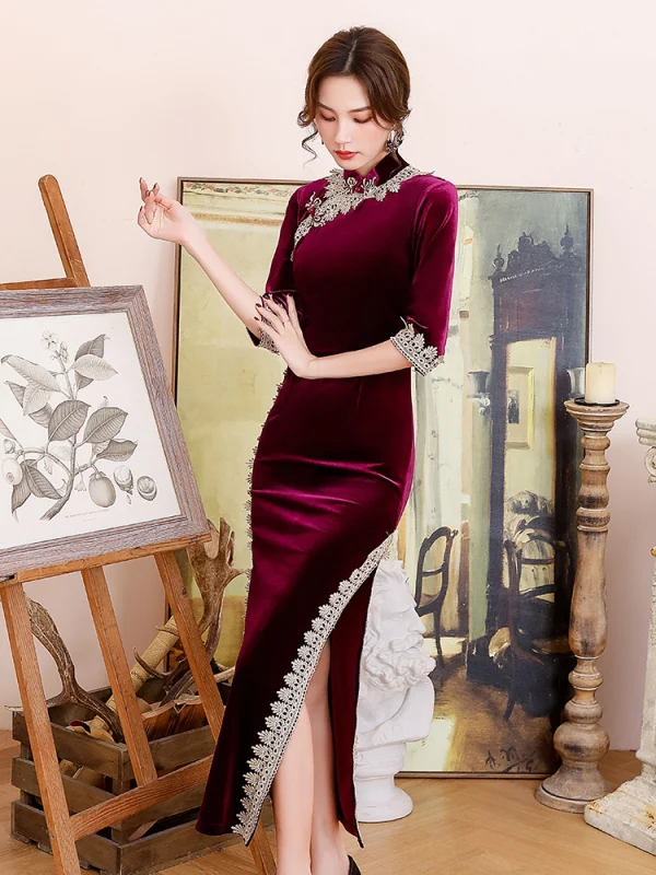 Chinese style Burgundy Suede Velour Cheongsam Evening Dresses 2021 Trumpet / Mermaid High Neck 1/2 Sleeves Lace Flower Split Front Tea-length Formal Dresses