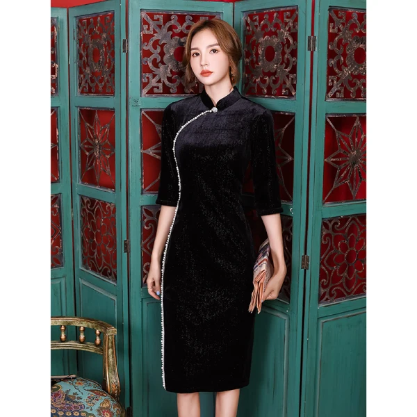 Chinese style Black Velour Evening Dresses Cheongsam 2021 Trumpet / Mermaid High Neck Beading Pearl 1/2 Sleeves Split Front Tea-length Formal Dresses