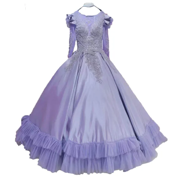 Vintage / Retro Dark Green Satin Prom Dresses 2021 Ball Gown Scoop Neck Beading Sequins Lace Flower Long Sleeve Backless Floor-Length / Long Formal Dresses