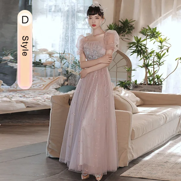 Fashion Blushing Pink Bridesmaid Dresses 2021 A-Line / Princess Beading Pearl Sequins Lace Flower Short Sleeve Backless Floor-Length / Long Wedding Party Dresses